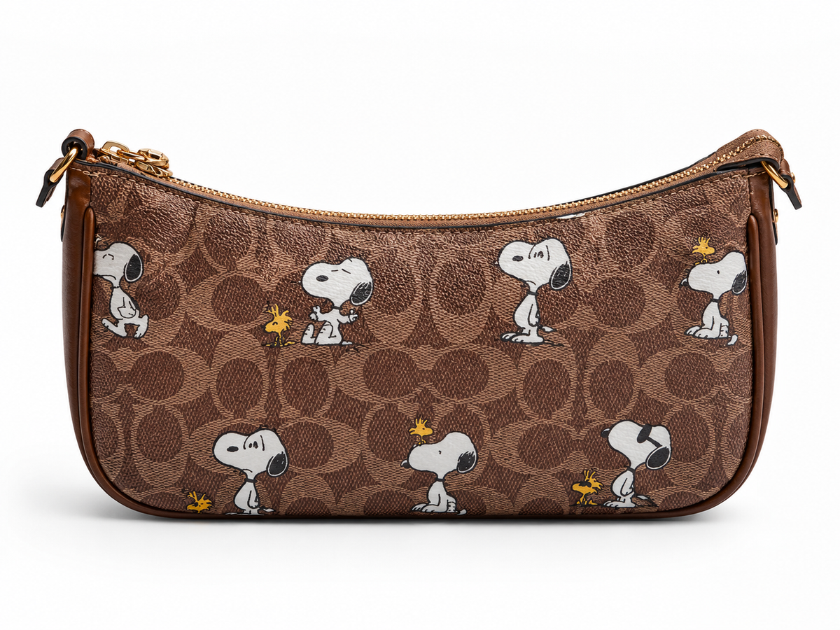COACH x PEANUTS Teri Shoulder Bag Tan Brown Snoopy Print Signature Canvas CBJ88